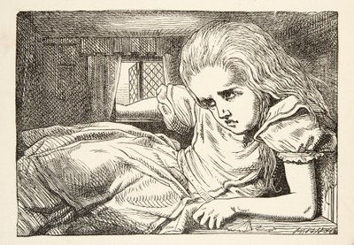 Alice bliver for høj til rummet, fra Alices Adventures in Wonderland af Lewis Carroll (1832 - 98), pub. 1891 af John Tenniel
